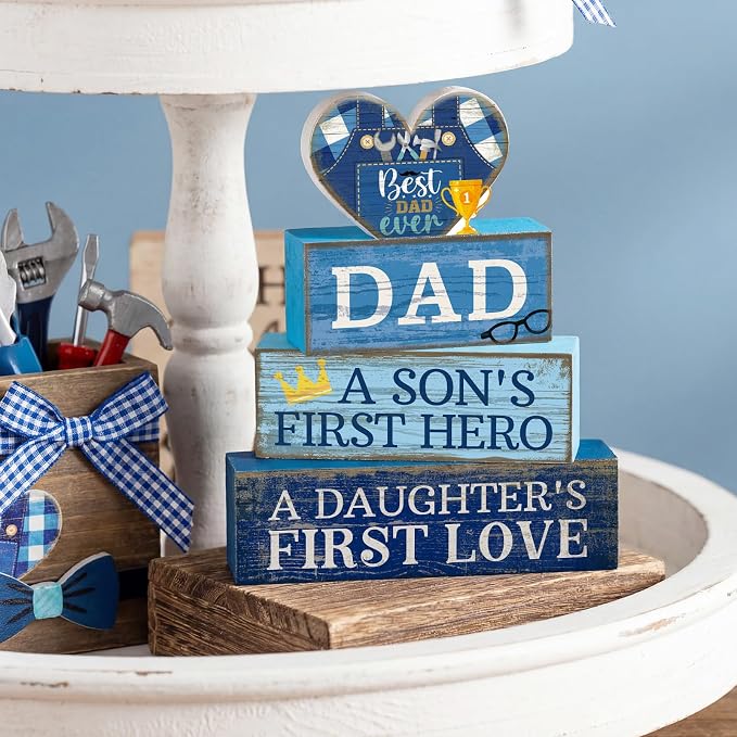 Lineshading 4 Pcs Dad Block Signs Wooden Farmhouse Decor, Father's Day | Tiered Tray Decorations for Home Table, Son's Hero Daughter's Love Quotes, Stacked Wooden Blocks, Rustic Gift for Dad