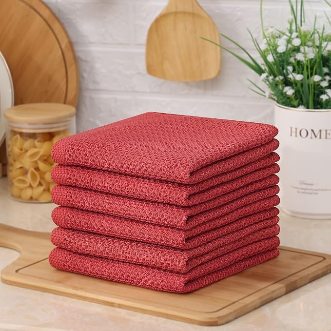 Kitinjoy 100% Cotton Waffle 6-Pack Kitchen Towels, 12" x 12", Brick Red | Ultra Absorbent, Super Soft, lightweight, Quick Drying Dish Rags for Washing Dishes