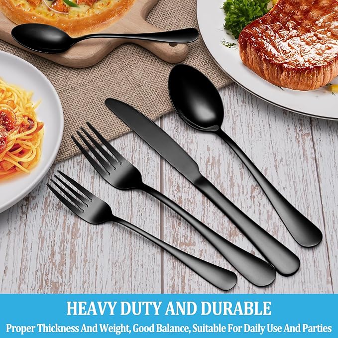 30 Pcs Black Silverware Set, Stainless Steel Flatware Set Service for 6, Mirror Polished Cutlery Utensil Set, Durable Home Kitchen Eating Tableware Set, Include Fork Knife Spoon Set, Dishwasher Safe