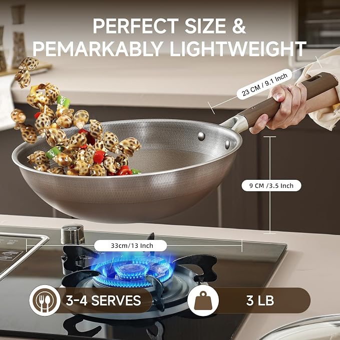 13" Titanium Wok Pan with Lid,Non-stick Flat Bottom Titanium | PFAS & PFOA free,Non-toxic, Fits induction & gas stoves,Traditional Chinese Pan for Stir Fry