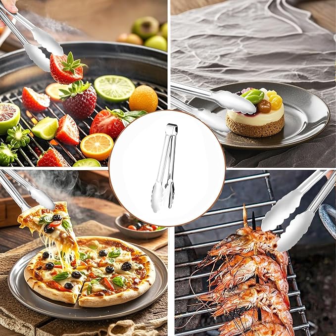 6pcs Stainless Steel Serving Tongs Gold or Silver Plated 9inch Heavy Duty Durable BBQ Clamps Design for Weddings Parties Banquets Buffets Family Gatherings Kitchen Cooking Serving Clip