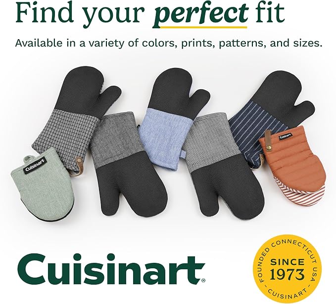 Cuisinart Heritage Kitchen Oven Mitts, Heat-Resistant, 2-Pack, 7"x13" | Non-slip neoprene palm grips up to 350°F, long cuff shields forearms, hang loop for storage, handles cast iron and grilling
