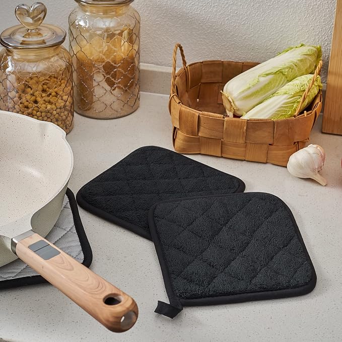 Kitchen Pot Holders Set Heat Resistant Pure Cotton Potholders Kit Trivets Large Coasters Hot Pads Terry Pot Holders for Everyday Cooking and Baking by 7 x 7 Inch Set of 4 Black