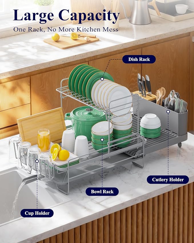 Kitsure Extendable Dish Drying Rack, 19.2"-26.7" L x 12.9" W, 2-Tier | Large Dish Rack, Multifunctional Dish Rack for Kitchen Counter, Anti-Rust Dish Drainers with Cutlery & Cup Holders,Grey