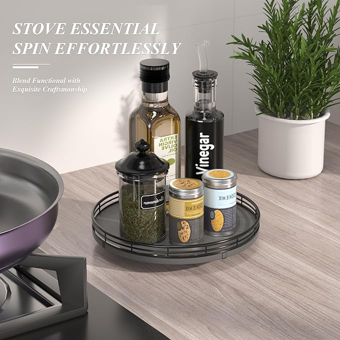 AMH10-Inch Natural Slate Lazy Susan with Black Raised Iron Rim | Smooth rotating oak tray with walnut finish for dining tables, kitchen counters, pantries and cabinet storage.