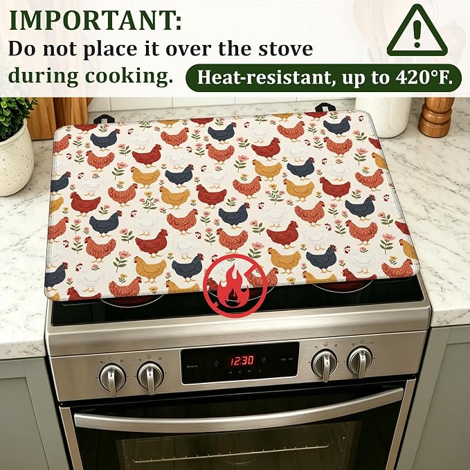 Cute Roosters Chicken Hens Stove Top Covers for Electric Stove,Plants Electric Gas Stove Pad Heat Resistant Range Cooktop Protector for Home Decor Kitchen 28.5"x20.5"