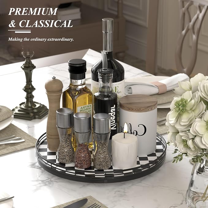 AMH 13-Inch Black and White Checkerboard Lazy Susan with Oak Wood Base | Smooth rotating oak tray with walnut finish for dining tables, kitchen counters, pantries and cabinet storage.
