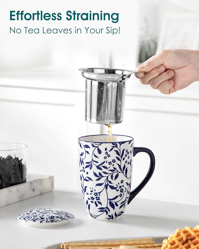 vancasso SELENE Porcelain Tea Mug, 18 oz Porcelain Tea Cup with Infuser and Lid Steeps Loose Leaf Tea, Microwave & Dishwasher Safe, Delicate Floral