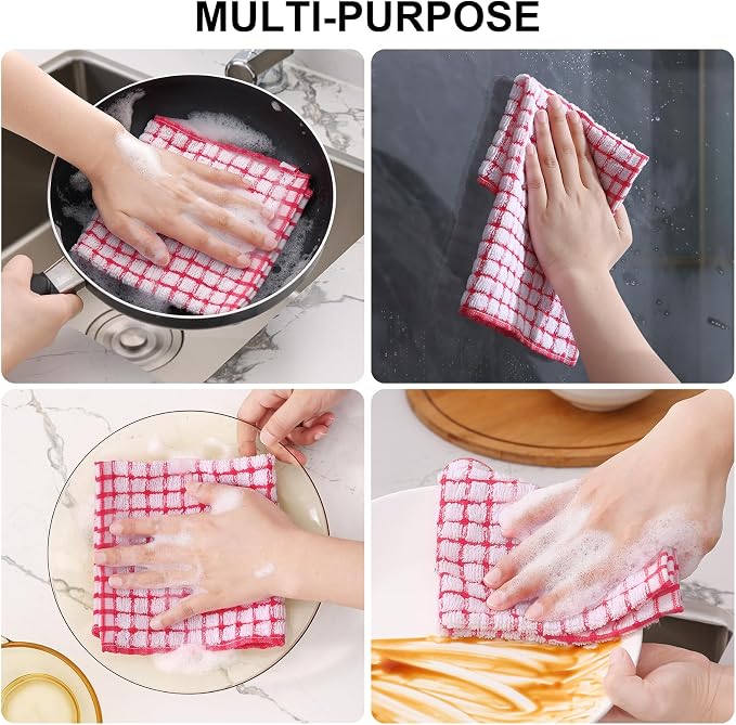 Kitinjoy Cotton 12 Pack Terry Kitchen Dish Cloths, Red | 12 x 12 Inches Super Soft and Absorbent Dish Rags, Quick Drying Dish towels for Washing Dishes