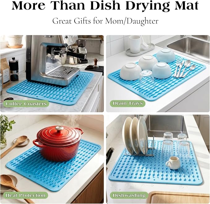 CAKETIME 2 Pack Colorful Silicone Dish Drying Mat for Kitchen Counter Multiple Usage for Cooking Grilling Under Sink Office Cute Accessories Appliances Pioneer Woman Stuff Extra Large 18"x16" Blue