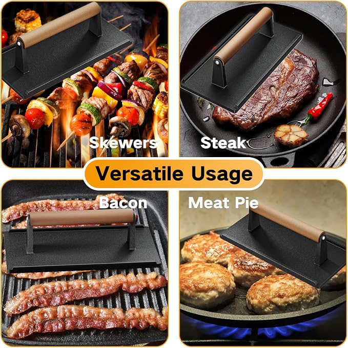 Yoehka Cast Iron Grill Press, 2Pcs Heavy Duty Bacon Press with Wood Handle | Cooking Weight, Griddle/Chef Press, Perfectly Grilled Burger/Steak/Meat/Sandwich/Panini, Rectangle