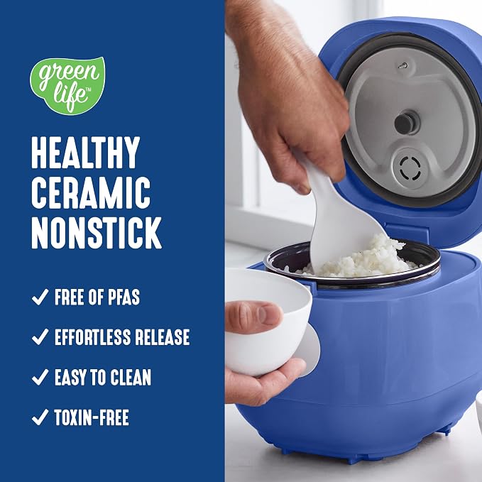 GreenLife Digital Rice Cooker, 2-Cups Uncooked/4-Cups Cooked, Navy Blue | PFAS-Free Ceramic Nonstick Coated 1.5QT Pot, One-Touch Presets, Oats, Quinoa, Brown Rice, Auto Warming, Fuzzy Logic Tech