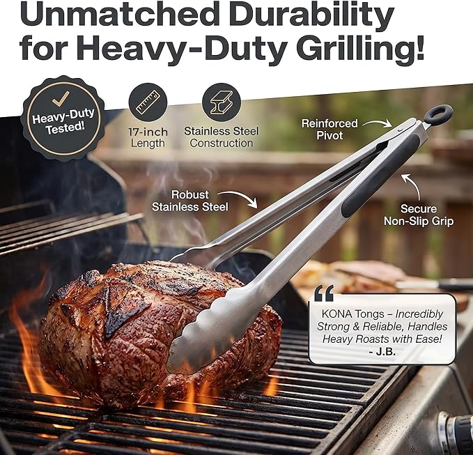 Kona 17-in Stainless Steel Locking Grill Tongs, Heavy-Duty, Set of 2 | Sturdy locking mechanism, stainless steel construction, for cooking, grilling, and BBQ