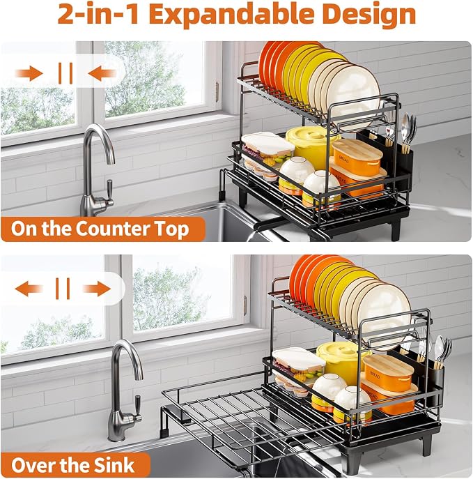 Urackify Expandable Sink Dish Drying Rack for Kitchen Counter, 2-Tier Black | Large Dish Racks, Sink Dish Drainer, Rustproof Dish Strainer with Utensil Holder, 12.3"-20.5" L x 15"W
