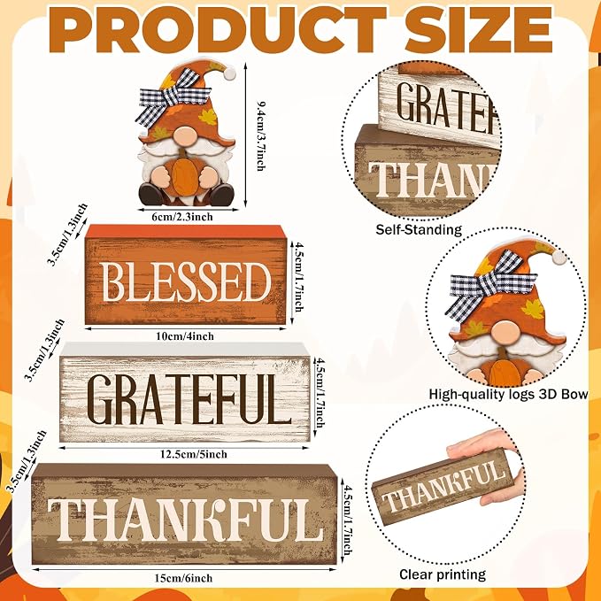 Lineshading 4 Pcs Fall Gnome Block Signs Thanksgiving Tiered Tray Decor | Wooden Blessed Grateful Thankful Signs, Rustic Gnome Centerpiece, Harvest Party Kitchen Shelf Farmhouse Decorations