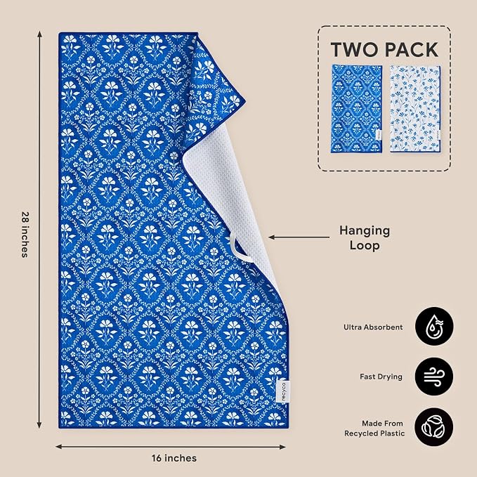 RECYCO Waffle Kitchen Towel Set of 2 - Quick Dry Microfiber Sustainable Dish Towels - Ultra Absorbent Reusable Cleaning Tea Towels - Lightweight Hand Towels,16”x 28”, Coastal Bliss