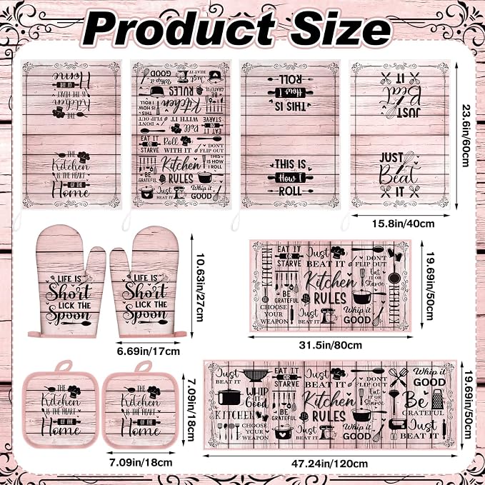 Fourluoo 10 Pcs Pink Kitchen Decor Set Pink Woodgrain Dish Towels Kitchen Rugs Oven Mitts and Pot Holders Farmhouse Decor for Cooking Baking Grilling Women Mom Gift