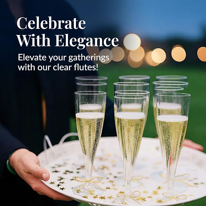 Prestee 100 Pack Clear Plastic Champagne Flutes - 4.5 oz Durable Disposable Champagne Glasses for Parties, Weddings, Toasting and Large Celebrations - Elegant Wine Glasses Stemware for Easy Cleanup