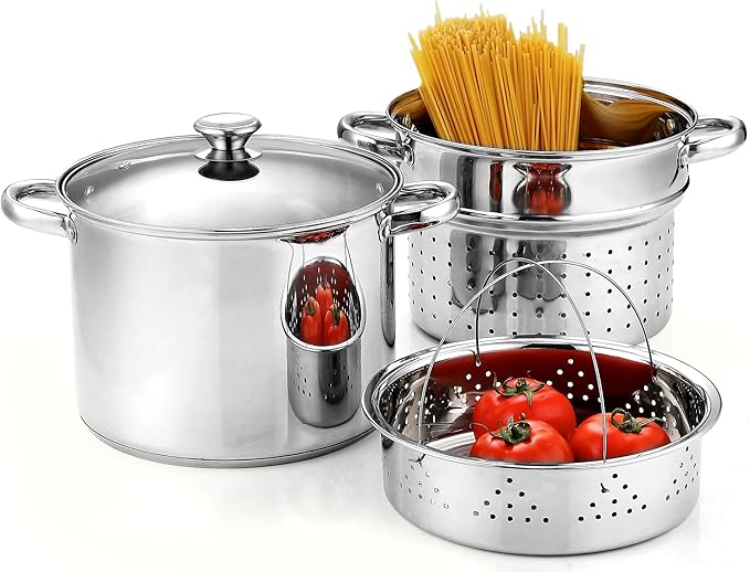 Cook N Home 8 Quart Stainless Steel Pasta Pot with Strainer Lid 3-in-1 Pots | Steamer Basket, Pasta Strainer, Stock Pot with Lid - Pasta Cooker Induction Compatible, Dishwasher & Oven Safe