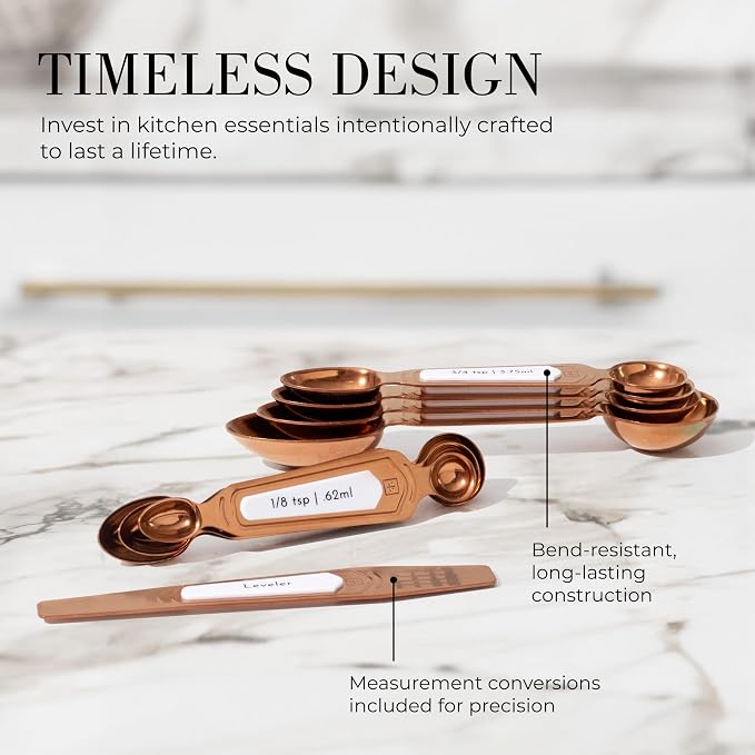 Styled Settings Copper Measuring Spoons Set with Leveler, 8-Piece | Double-Sided Nesting Magnetic Measuring Spoons, Stackable & Spice Jar Friendly -Stylish Copper Kitchen Accessories for Baking