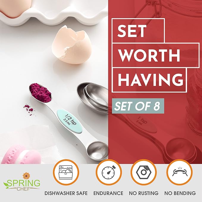 Spring Chef Stainless Steel 8 Magnetic Measuring Spoons for Kitchen, Mint | Dual Sided Metal Teaspoon & Tablespoon Measuring Spoons with Leveler for Dry & Liquid Ingredients, Nesting, Dishwasher Safe