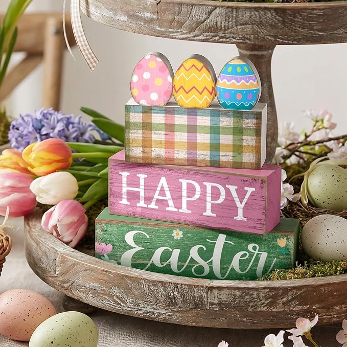 Lineshading 4 Pcs Easter Wooden Block Signs, Farmhouse Tiered Tray Decor | Includes 3 Painted Eggs and Happy Easter Sign Blocks, Rustic Wood Finish for Spring Home Mantle Shelf Centerpiece