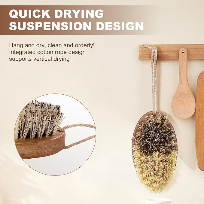 DEBETOOL 2-Pack Dual Bristle Wooden Vegetable Brush Scrubber for Food | Natural Produce & Potato Scrubber with Hanging Rope for Root Veggies, Carrots & Fruits