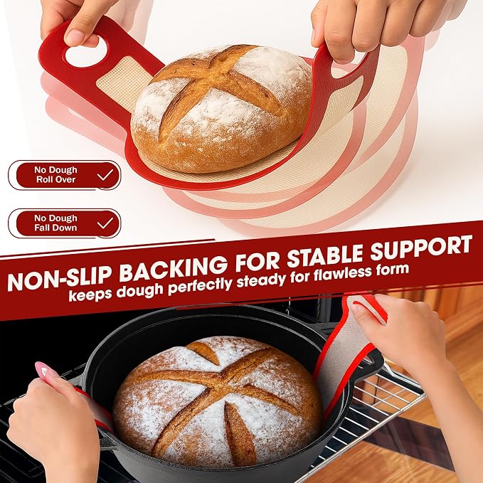 Sourdough Silicone Bread Sling for Dutch Oven, 2PCS Non-Stick Reusable Baking Mat with Long Handles, Essentials Bread Making Supplies for Dough Transfer and Loaf Pan Lifter Liner, Set 2Pcs Round