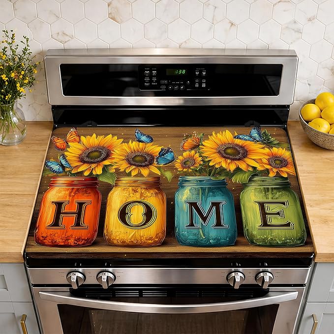 Stove Top Cover Sunflower Mason Jar 28.5x20.5Inch for Electric Stove,Heat Resistant Silicone Cooktop Protector,Glass Stove Cover Mat, Anti Scratch Countertop Protector