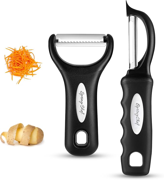 Spring Chef Swivel Potato Peeler & Julienne Vegetable Peeler w/Soft Handle | Premium Multifunctional Peelers for Kitchen with Sharp Stainless Steel Blades & Blade Covers, Dishwasher Safe Veggie Peelers