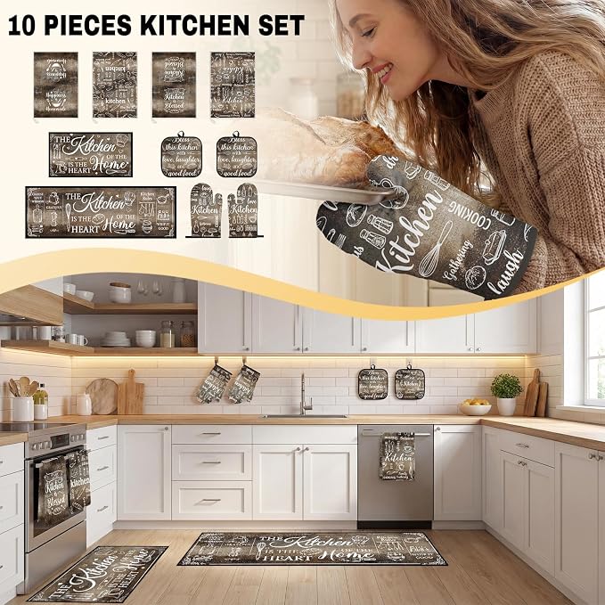 10 Pcs Kitchen Decor and Accessories Set, Vintage Rustic | Grunge Gray Brown 4 Dish Towels Kitchen Rugs 2 Oven Mitts 2 Pot Holders, Home Decor for Cooking Baking BBQ Housewarming