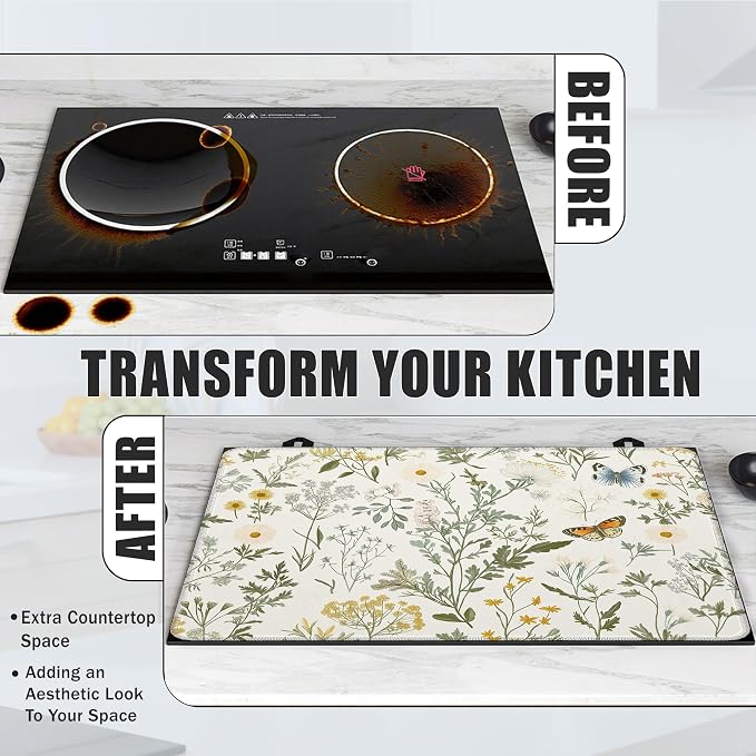 Spring Floral Glass Top Stove Cover Protector,Rustic Wild Flower Heat Resistant Stove Top Cover, Large Size Range Covers for Electric Stove Countertop Mat, 28 x 20 Inch