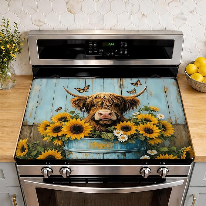 Highland Cow Stove Top Cover for Electric Stove 28.5"x 20.5",Cow Sunflower Wood Heat Resistant Glass Top Stove Cover Protector, Glass Cooktop Covers, Kitchen Flat Electric Stove Top Covers