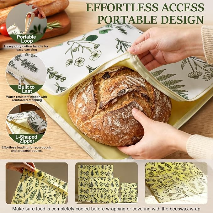 Reusable Beeswax Bread Bags & Wraps Set - 2 XL Sourdough Bags (17“x13") | Bread Bags with Wide Zipper & Handle3 Beeswax Wraps for food, Cheese, Fruit, Veggie - Breathable Bread Storage, 5 Pack