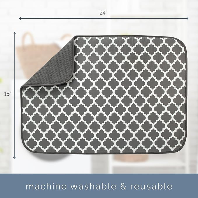 S&T INC. Dish Drying Mat, 18" x 24", XL, Grey Trellis | Absorbent Microfiber, Extra Large Kitchen Counter Mat for Dishes, Utensils, Pots and Pans, Machine Washable