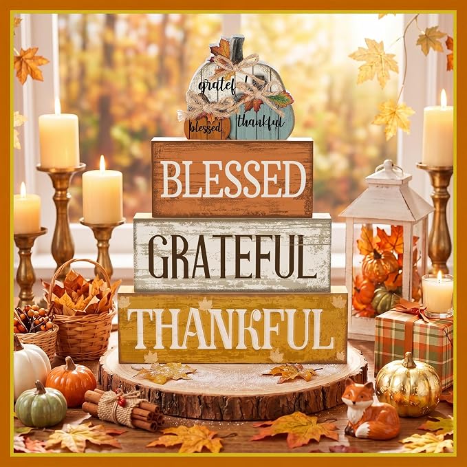 Lineshading 4 Pcs Stacked Pumpkin Block Signs, Fall Thanksgiving Decor | Rustic Wooden Signs with Grateful Blessed Thankful Words, Farmhouse Tabletop Centerpiece for Autumn Tiered Tray Decorations