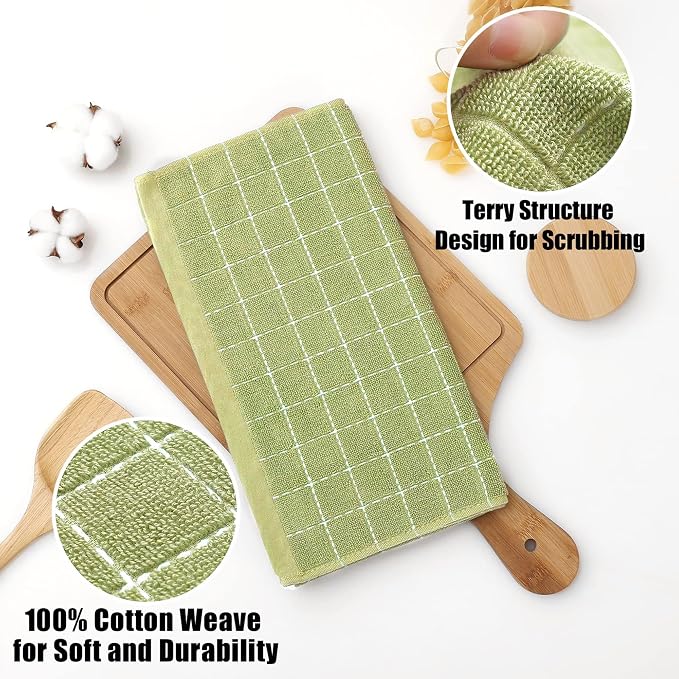 Homaxy 100% Cotton Terry Kitchen Dish Cloths, 12 Pack, Sage Green | Ultra Soft and Absorbent, Suitable for Drying and Washing Dishes