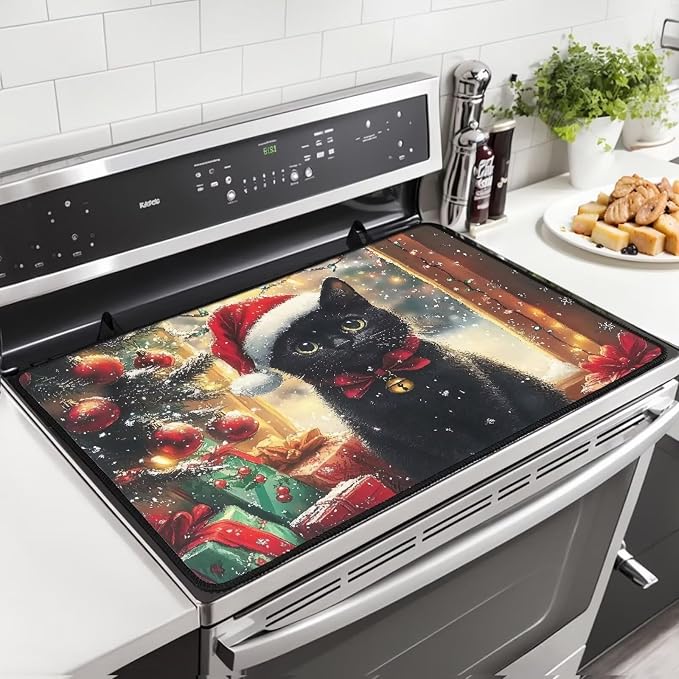 Christmas Cat Silicone Stove Top Cover, Stove Top Cover for Electric Stove(30"x21"), Thick Insulation Mat for Countertop, Anti-scalding Dish Drying Mats for Kitchen, Easy to Clean