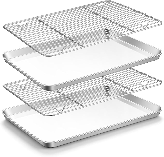 TeamFar Stainless Steel Baking Sheet with Rack Set, 16"x12"x1" | 2 Pans + 2 Racks, Cookie Sheet Baking Pan Tray with Cooling Rack for Cooking, Non-Toxic & Rust Proof, Dishwasher Safe