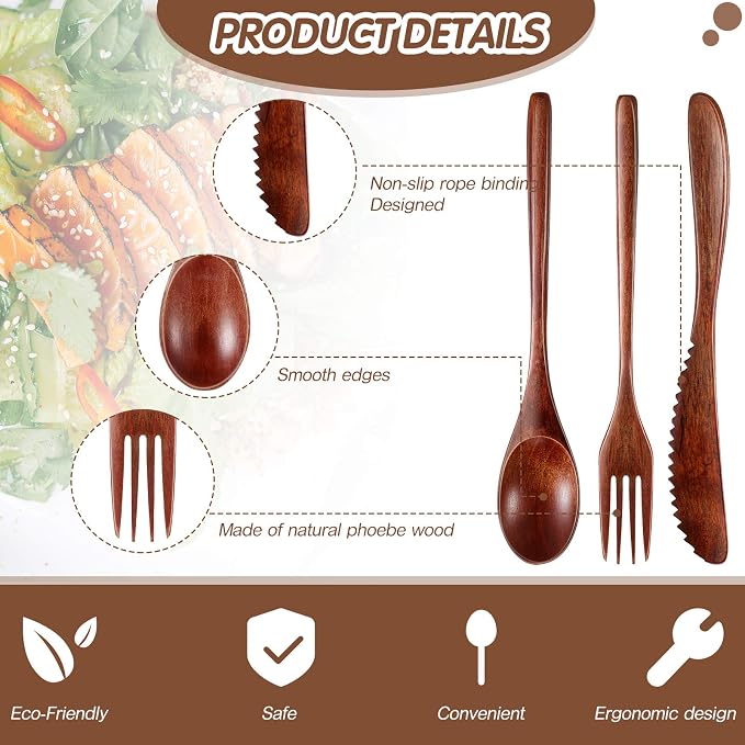 Geiserailie 24 Pcs Wooden Utensils for Eating Wooden Spoon Fork Knife Set | Reusable Cutlery Set, Dinner Silverware, Natural Wood Flatware, Kitchen Tableware
