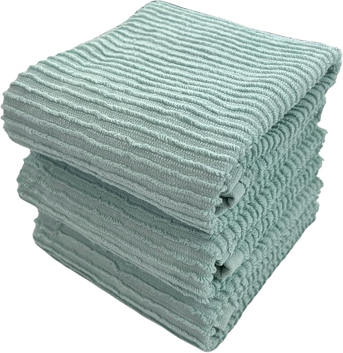 Seafoam Sage Aqua Green Kitchen Dish Towels, 3 PC, 100% Cotton, 18" x 28" | Terry Loop Ribbed Textured, Soft & Absorbent Cleaning Cloth, Quick Dry, Multipurpose for Everyday Use