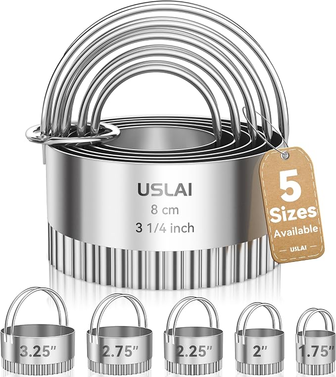USLAI Biscuit Cutter Set (1.75, 2, 2.5, 2.75, 3.25 Inch) | Food-Grade Stainless Steel, Fluted Cookie Cutter with Handle, Professional Kitchen Baking Dough Tools