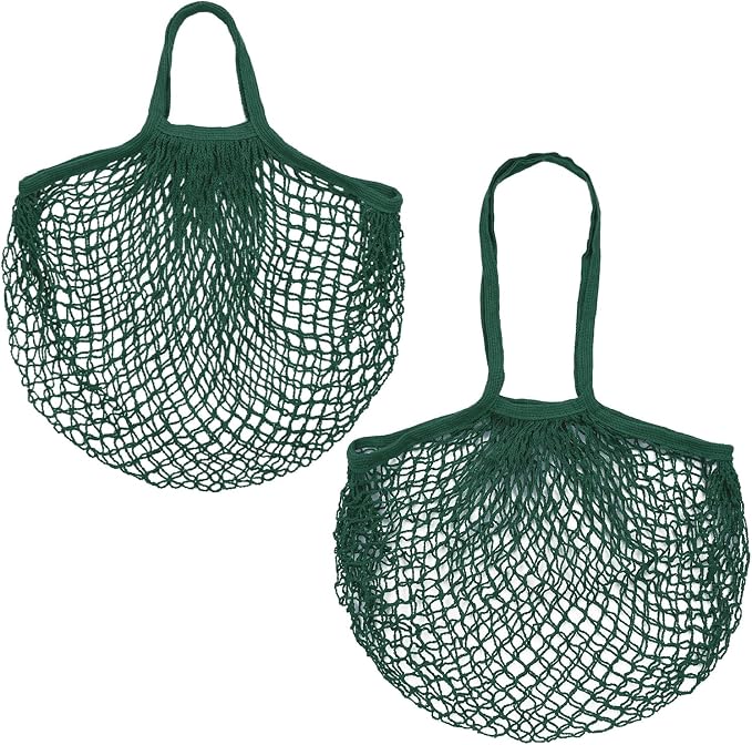 M METERXITY 2-Pack Cotton Mesh Bag, Reusable Washable Mesh Net String Grocery Bags, Reusable Produce Bags with Handle, Net Tote Bag for Fruits Shopping [Dark Green, Long&Short Handle]