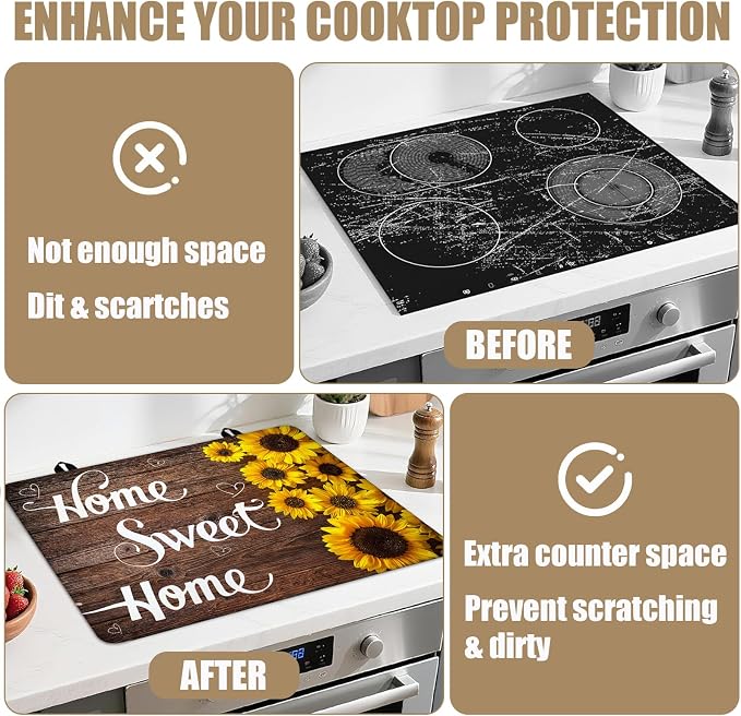 Home Sweet Home Stove Top Covers for Electric Stove, Wooden Grain Electric Gas Stove Pad Heat Resistant Range Cooktop Protector for Home Decor Kitchen 28"x20"
