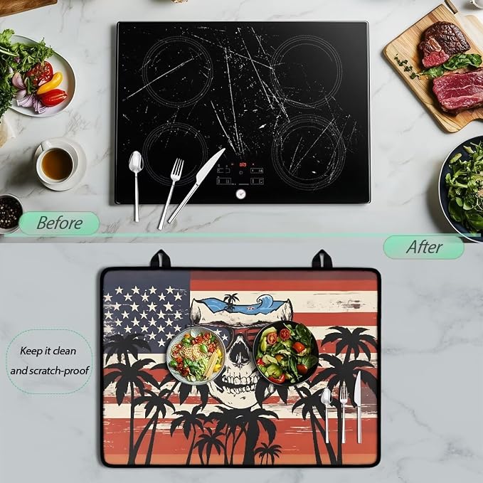Skull Palm Tree Fireproof Stove Top Covers for Electric Stove, Waterproof & Heat Resistant Mat for Glass Top, Induction Cooktop Protector Home Kitchen Decor