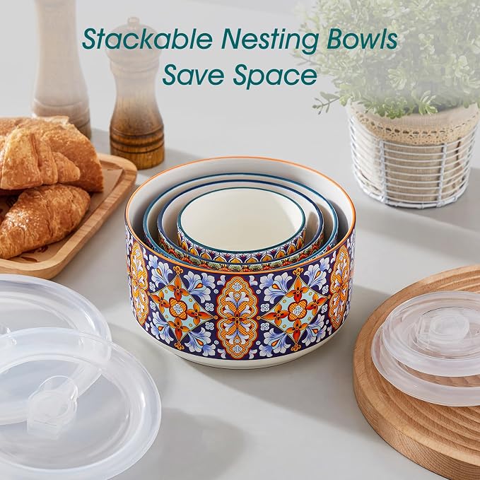 vancasso SIMI Serving Bowls with Lids, Ceramic Mixing Bowls Set of 4, Boho | Nesting Bowls for Food Storage, Prep, Stackable Bohemian Bowls, Dishwasher & Microwave Safe Gift Set, 60/36/20/10 OZ
