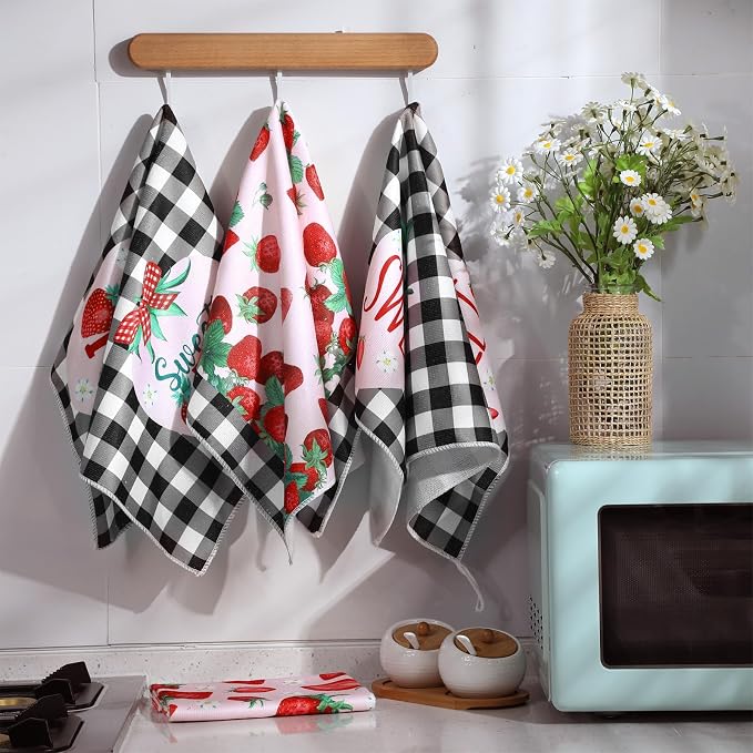 4 Pcs Strawberry Kitchen Towels Berry Hand Dish Towels Gifts | Absorbent Black Red Grid Tea Towel Fast Drying Housewarming Gift for Kitchen Bathroom Holiday Summer Strawberry Party Decor