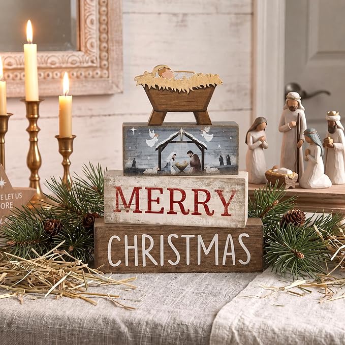 Lineshading 4 Pcs Nativity Christmas Wooden Block Signs Farmhouse Decor | Stackable Manger Scene Blocks for Tiered Tray Mantel, Rustic Farmhouse Tabletop Decorations, Birth of Jesus Holiday Gift