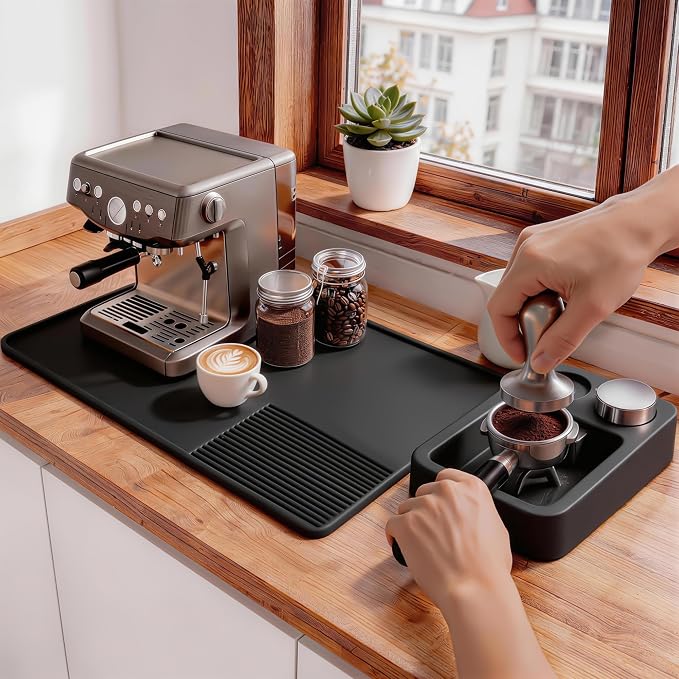 Silicone Coffee Mat and Espresso Tamping Mat, Detachable Espresso Mat Accessories, Coffee Bar Mat Suitable for Use Under coffee Maker, Dish Drying Mat for Kitchen Countertop Protector Mat, Black