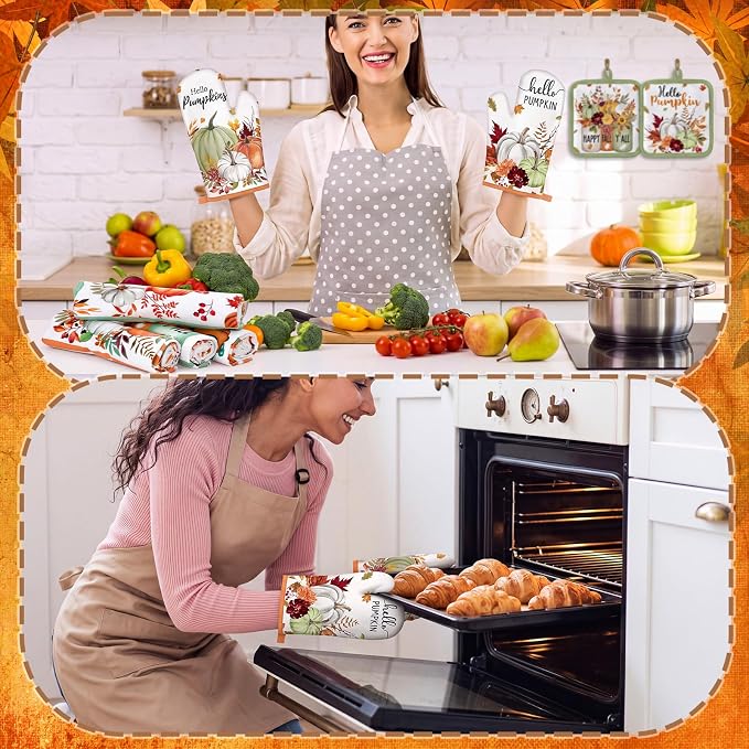 Fanfanwin 10 Pcs Fall Kitchen Decor and Accessories Set Pumpkin Kitchen Towels Maple Leaves Pot Holders Oven Mitts and Rugs Set for Home Decorations Cooking Baking Housewarming Gifts